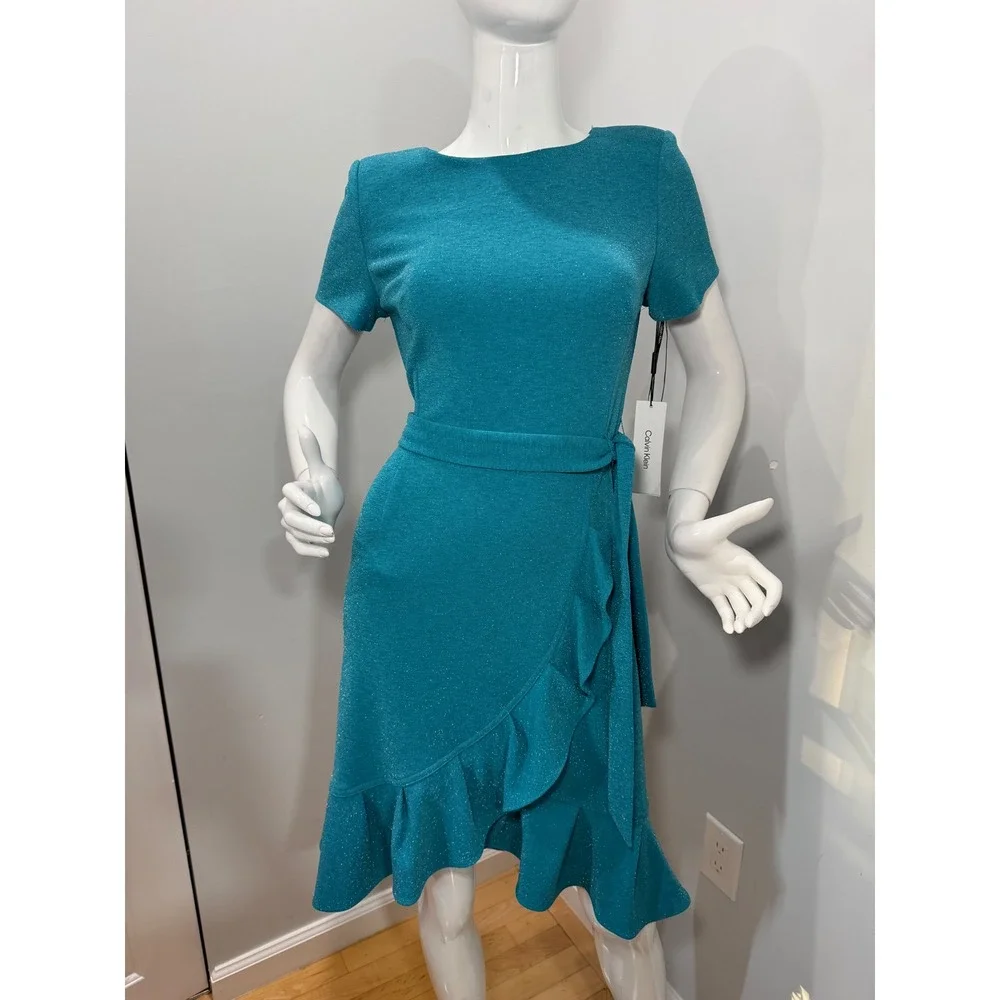 Calvin Klein Teal Shimmer Faux Wrap Ruffle‎ Cocktail Dress Size 6